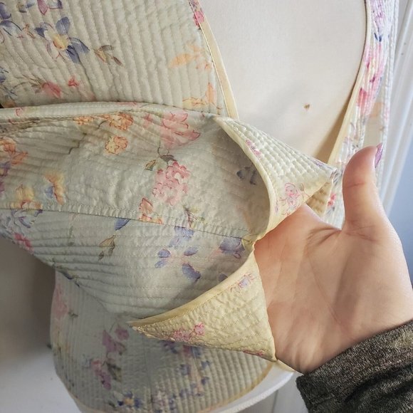 Womens Sz‎ Medium 8 Yellow Floral Quilted Jacket Thin Reversible Open Front - Picture 7 of 10